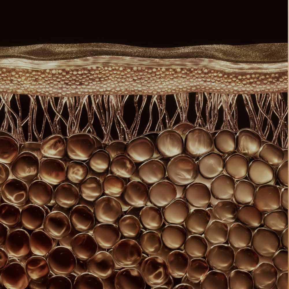 Detaillierte mikroskopische Ansicht von Hautschichten mit goldenen runden Zellen, Filamenten und einer strukturierten Oberflache, die an die komplexe Struktur der Epidermis erinnert.