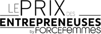  Black and white stylized logo "LE PRIX DES ENTREPRENEUSES by FORCEfemmes," with underlined text, announcing an award for women entrepreneurs.