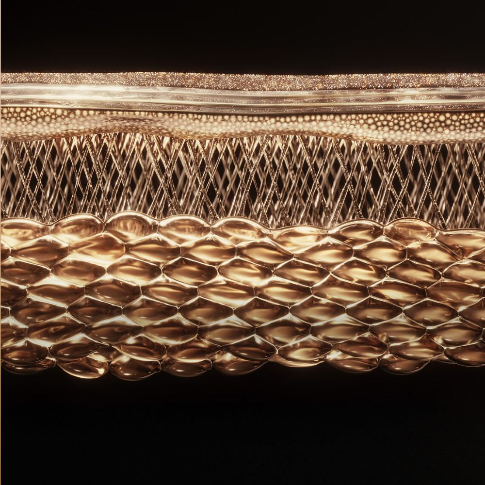 Detaillierte mikroskopische Ansicht der Hautschichten mit goldenen runden Zellen, Filamenten und einer strukturierten Oberflache, die an die komplexe Struktur der Epidermis erinnert.