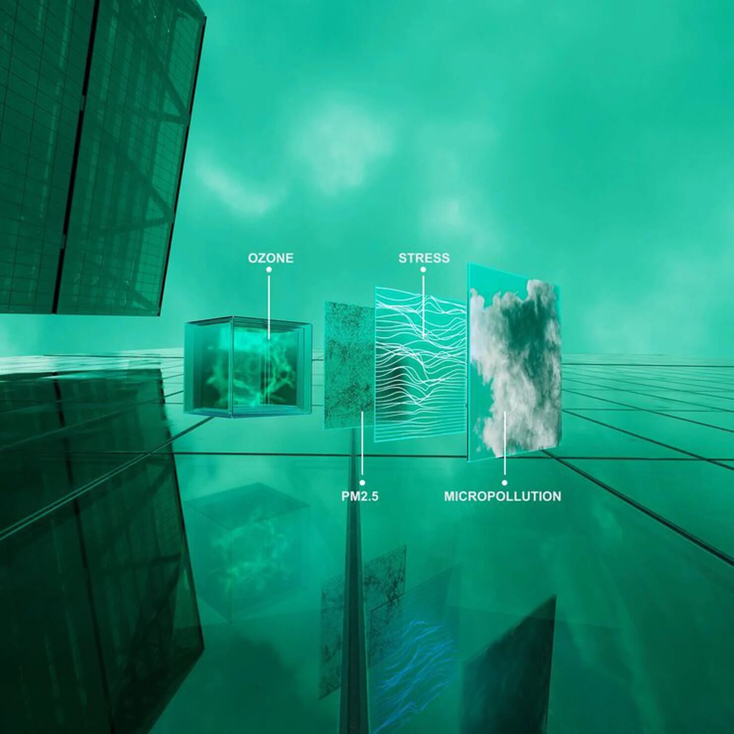 A sleek bottle of 'Powercell Skinmunity' serum displayed in a glowing green cube with swirling mist inside.