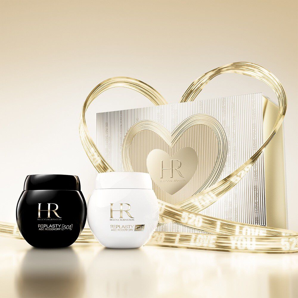 HR Re-Plasty Tiegel mit goldener Herz-Geschenkbox und „520 I Love You“-Band.​