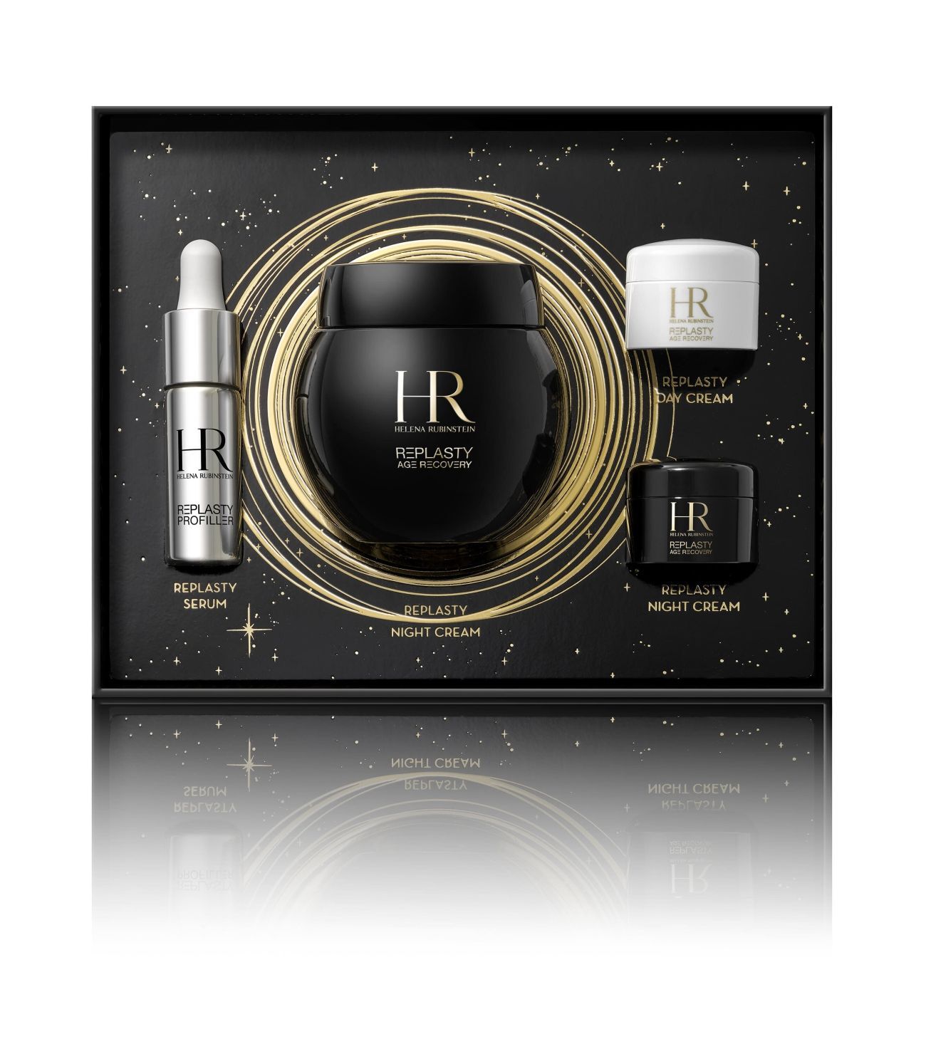 Coffret cadeau noir et dore ouvert, presentant quatre produits Helena Rubinstein "Re-Plasty" (serum, creme de nuit, creme de jour) et le logo "HR", sur fond blanc.
